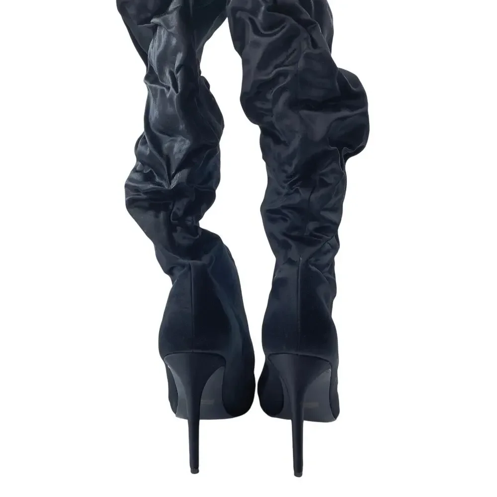 Kendall + Kylie Black Faux Suede Ruched Heeled Pointed Toe Over the Knee Boots 8